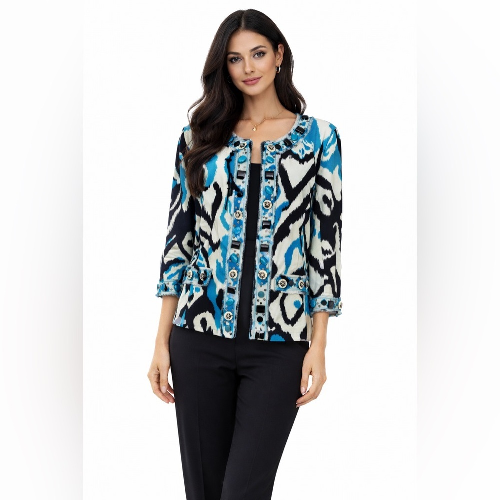 Berek NWT Women’s Jeweled Jacket Size 2XL White/black/blue Lined 3/4 Sleeve